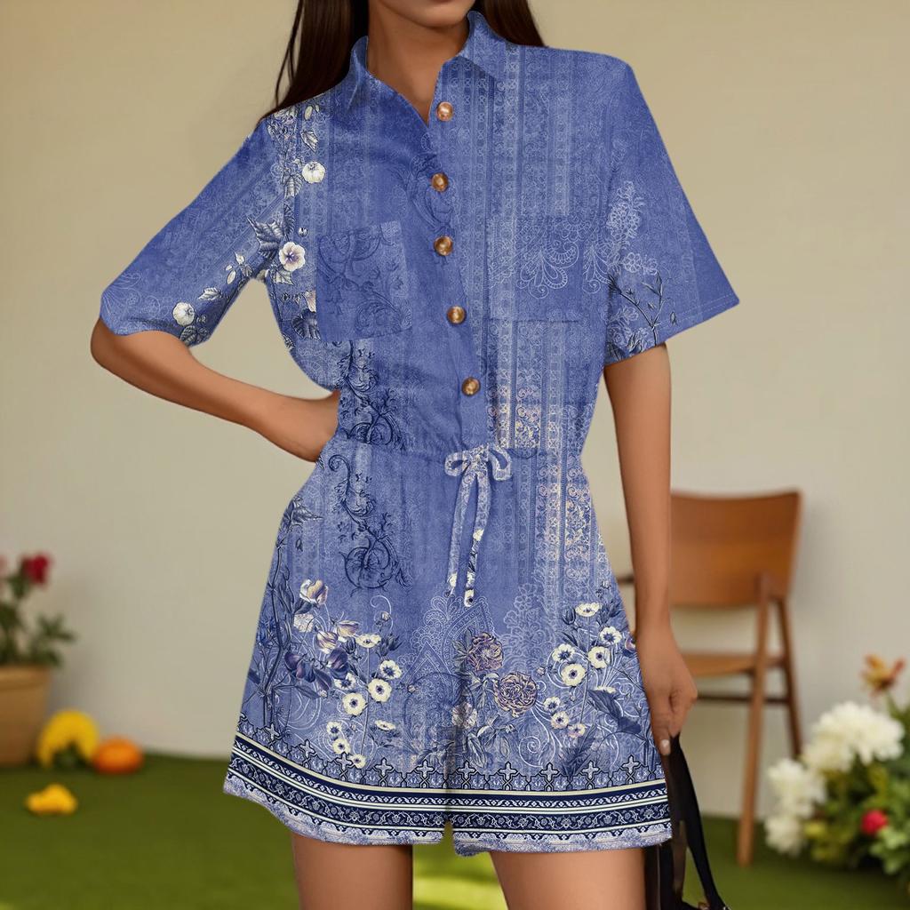 Damenmode V-Ausschnitt Jumpsuit Karomuster Lässig Kurzarm Top Jumpsuit