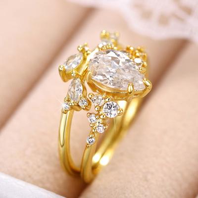 Huitan Pear Cubic Zirconia 2Pcs Set Rings for Women Gold Color Aesthetic Bridal Wedding Rings Party Temperament Female Jewelry