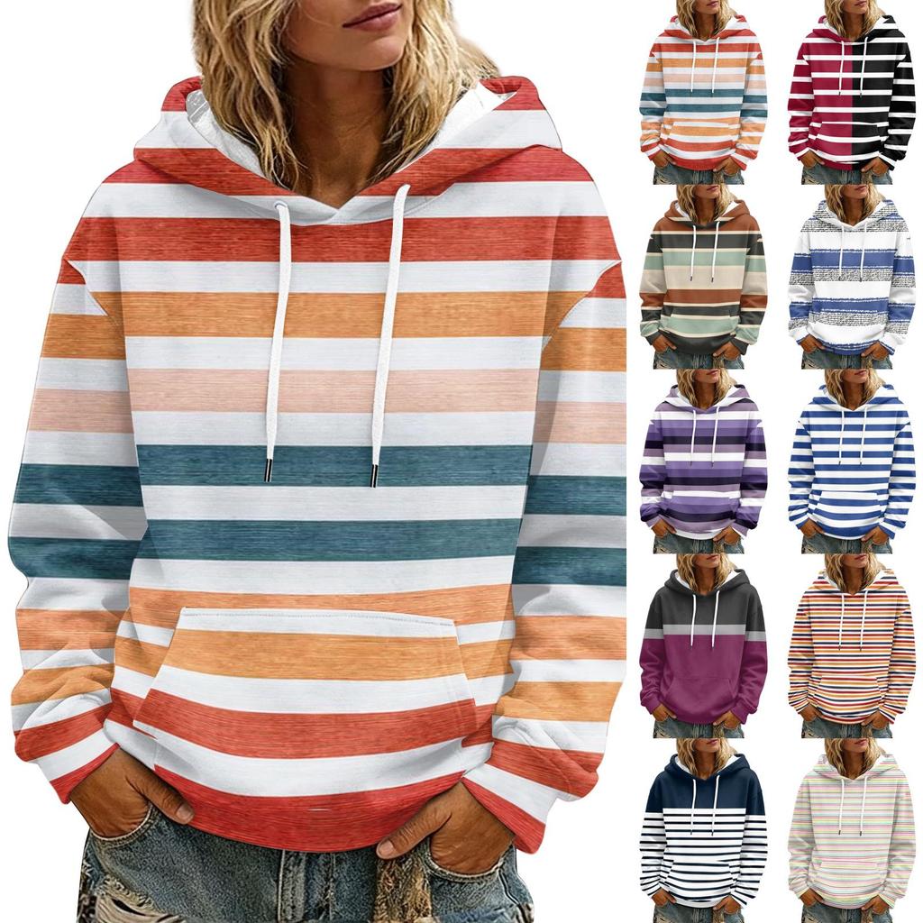 Women's Striped Print Casual Long Sleeve Hoodie with Pocket and