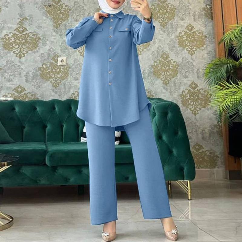 Muslim women's clothing spring and summer lapel collar long-sleeved bag cover shirt trousers set first-hand supply is comfortable