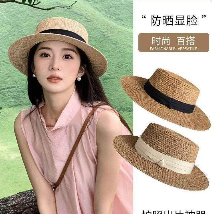 Hepburn wind flat top sunscreen straw hat women's summer big brim sunshade bucket hat seaside vacation beach sun hat