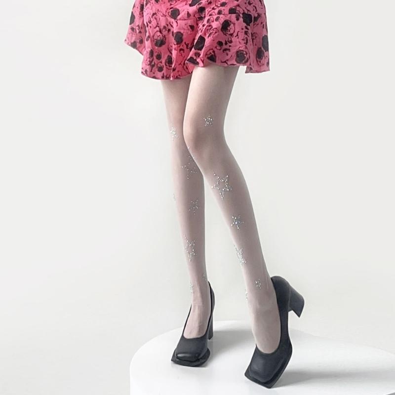 Black Sock Leggings Pantyhose Comfortable Seamless-Sheer Tight Star Print Rhinestone-Stockings for Women Girl Teen