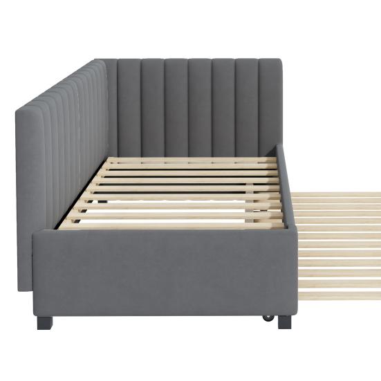 90x200cm Velvet Fabric Upholstered Bed with Pull-out Bed Headboard Line Texture Strong Wood Slat Support Bed Home Furniture, Grey