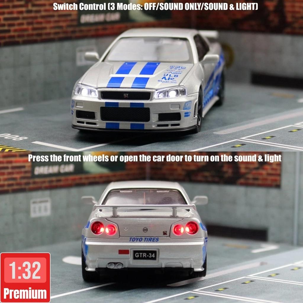 Compatible for 1/32 Nissan Skyline GT-R R34 Model Car, Diecast Collectible Pull Back Toy Car with Sound and Light for Adults Kids Boys Girls, Gift