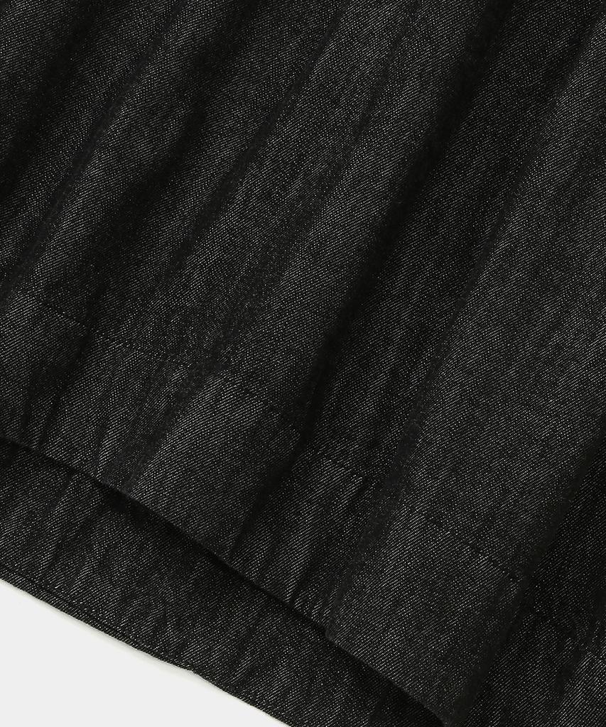 Columbia University All-Round Pleats Denim Long Skirts Black Denim