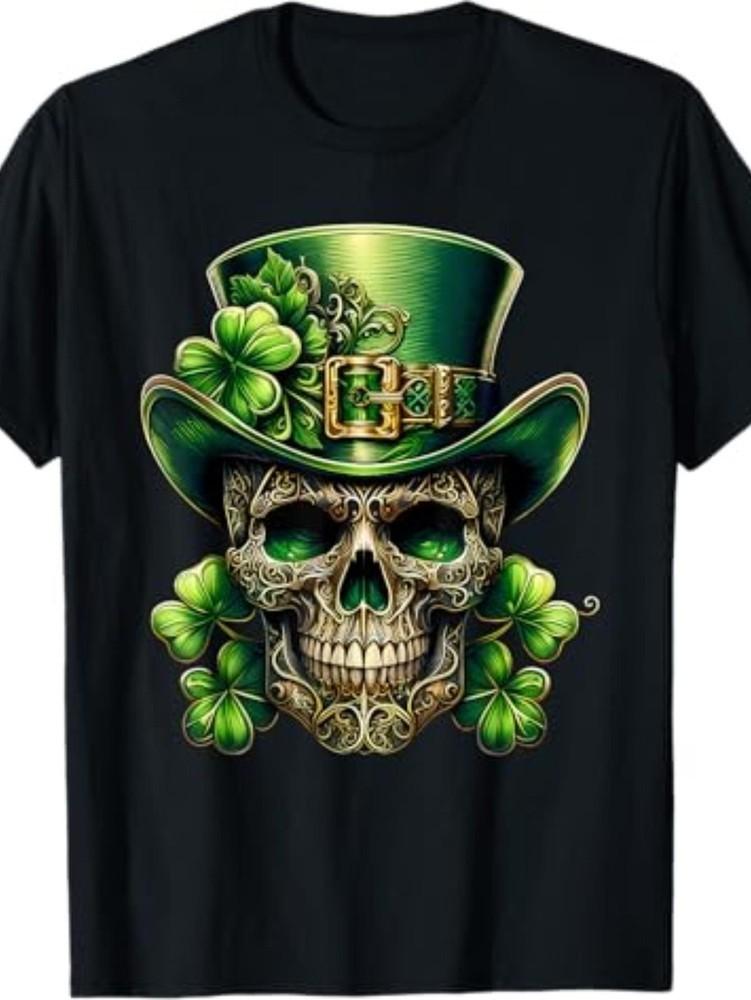 St Patricks Day Skull Shirt Men Irish Shamrock Leprechaun Hat Graphic Unisex T-Shirt S