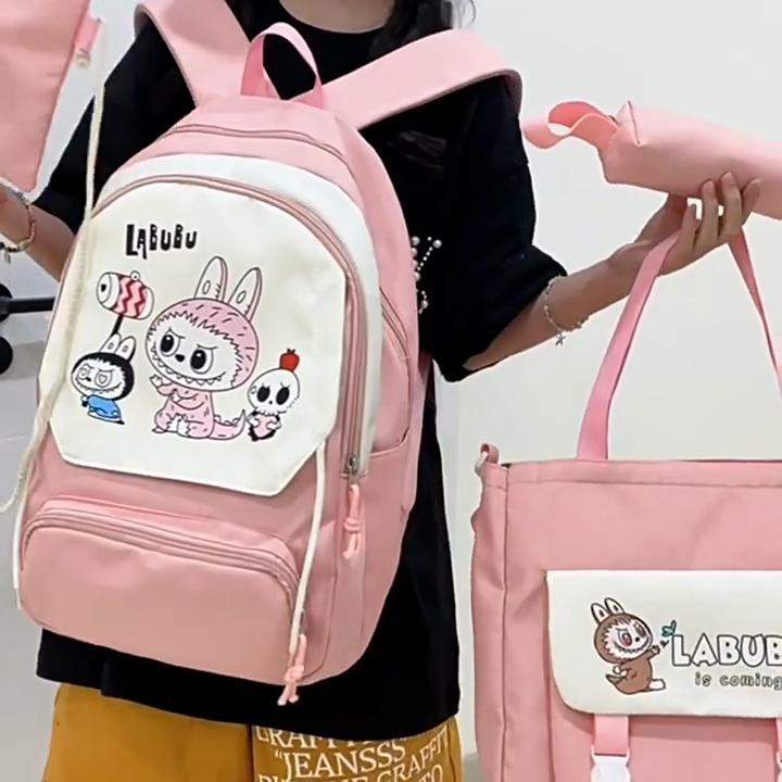 4-teilige Sets LABUBU Schulrucksack Niedlicher Cartoon Große Kapazität Schüler Klassentasche Junior High School Schüler Schultasche Rucksack mit hohem Wert CLE