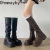 Autumn Winter Woman Knight Boots Concise Slip-On Thick Bottom Shoes Ladies Vintage Western Cowboy Botas De Mujer