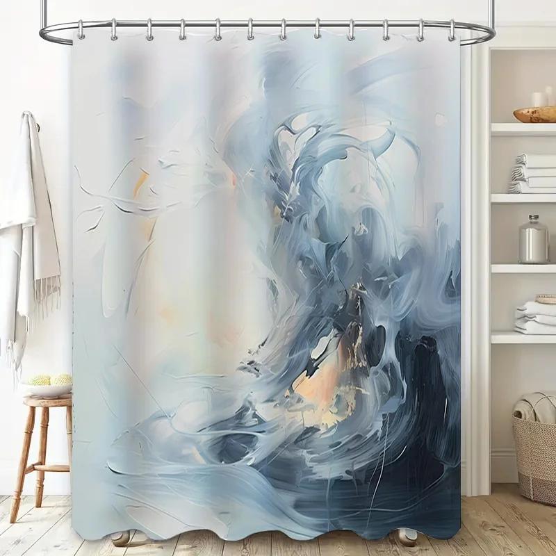 Abstract Blue White Shower Curtain With Modern Art Design For Bathroom Decor Waterproof Fabric Shampoo Gel Bath Mat Perfect Gift