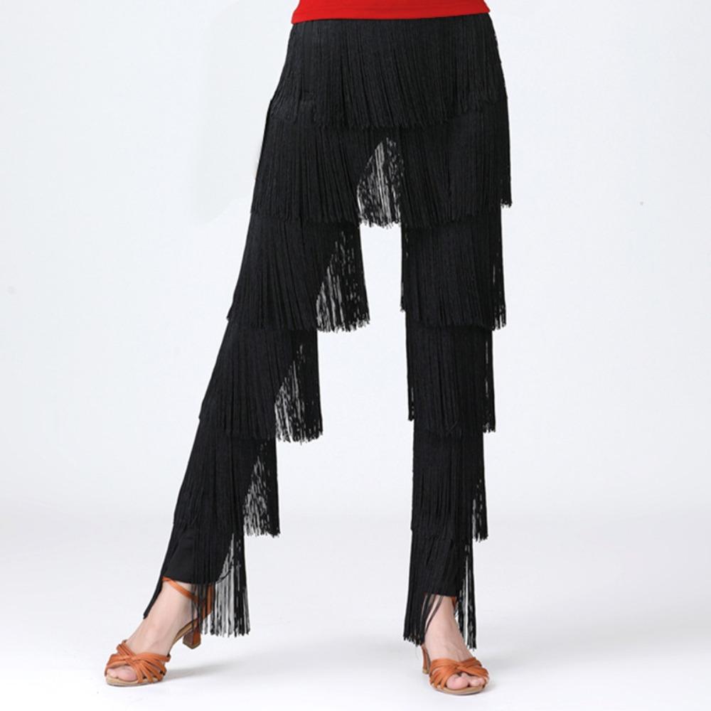 Tiered Fringed Latin Dance Pants for Women Elastic Waist Tango Cha-Cha Performance Trousers S чёрный