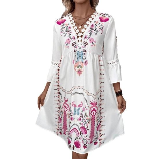Women's Boho Floral Mini Dress Fall Long Sleeve V Neck Flowy Wedding Guest Dress Casual Beach Vacation Outfits