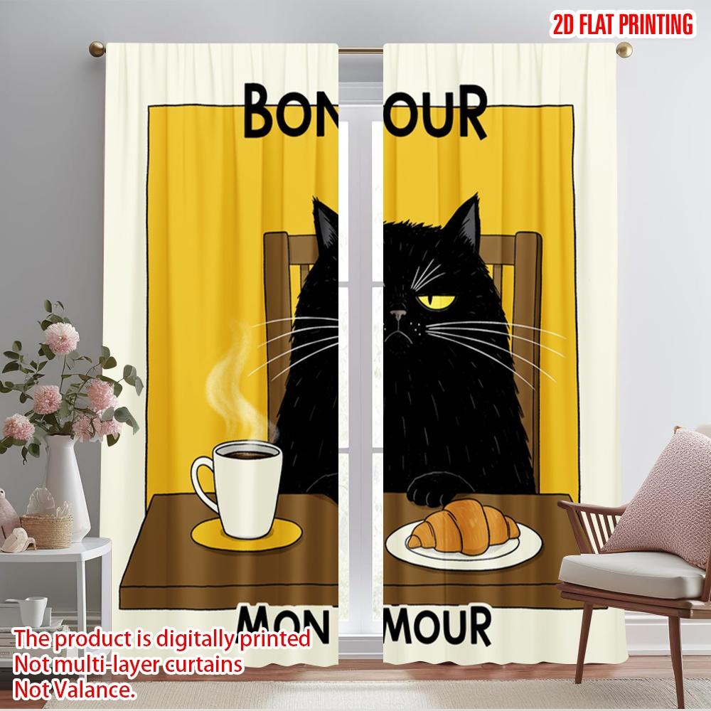 

2pcs 2D flat printing Window Curtains Bonjour Mon Amour Black Cat Fabric Without Electricity Festive Curtains Perfect for Yard & 52.50×116.00 CM 2pcs