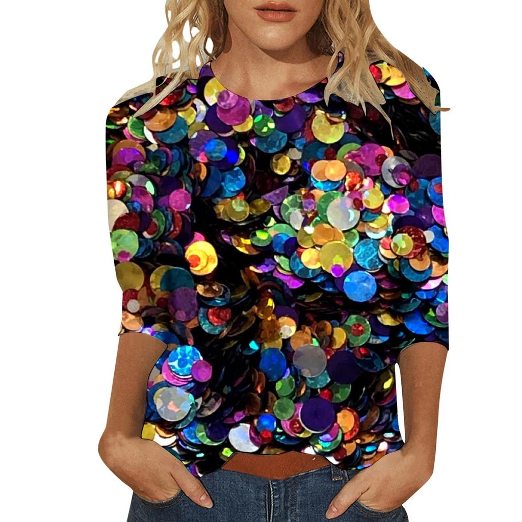 Spring and Autumn Round Neck 3D Glitter Pattern Printed Top Fashionable Casual Long Sleeved Women's T-shirts