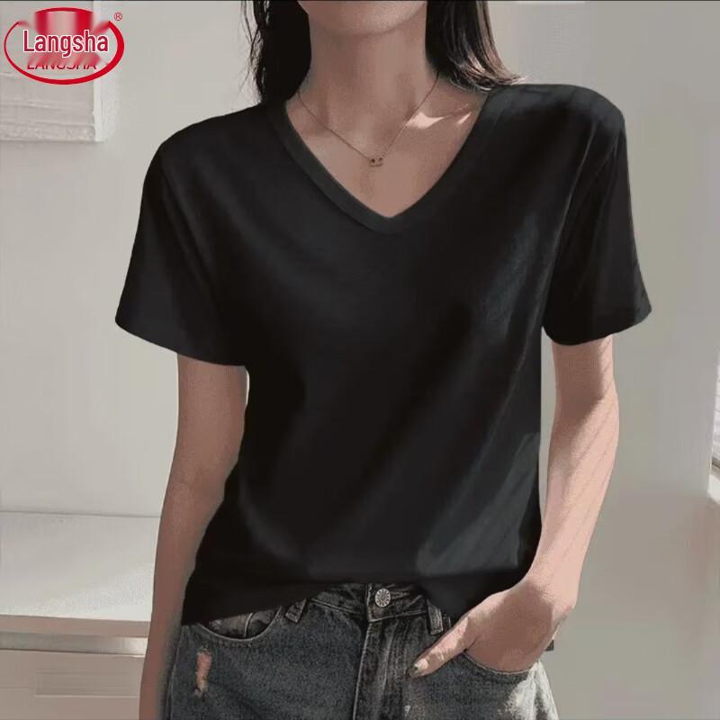 Langsha Women s Loose Short Sleeve V-Neck T-Shirt M чёрный