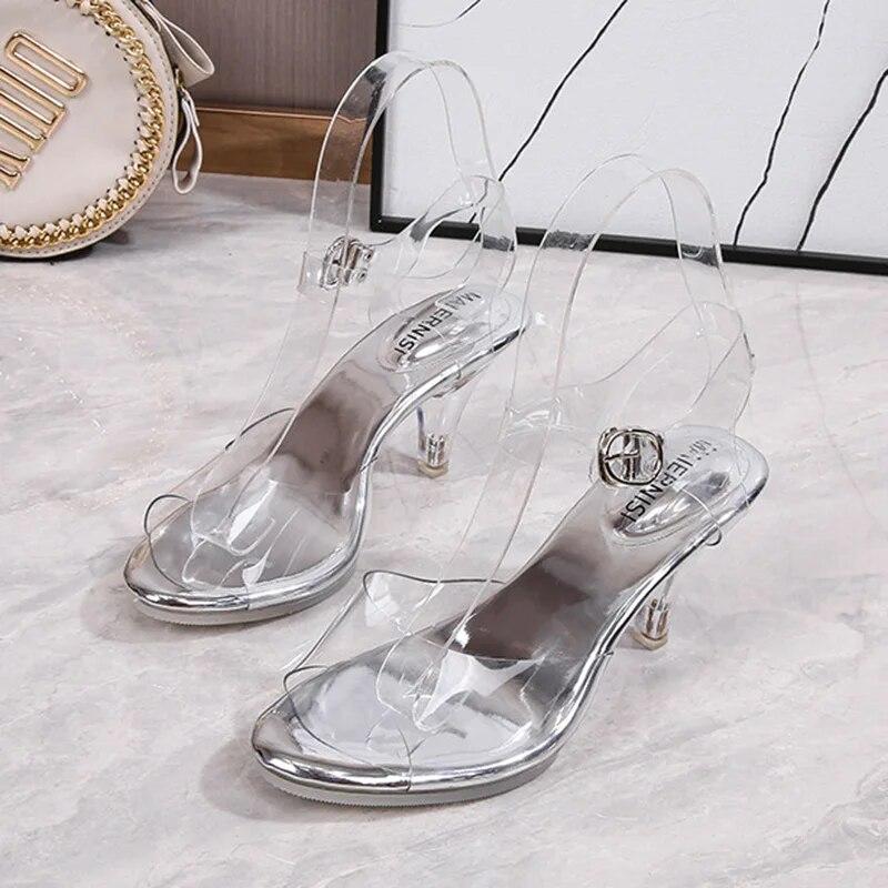 Stilettoskor för damer med lång mun Kristall Transparent korsrem Mode 7 cm Klack 1 cm Plattform WZ