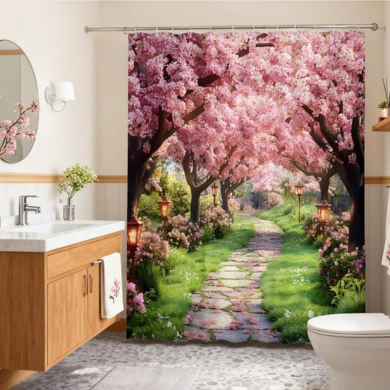 Pink Floral Shower Curtain Farmhouse Cherry Blossom Rustic Flowers Blooming Nature Scenery Park Trees Road Landscape Garden 90x180CM
