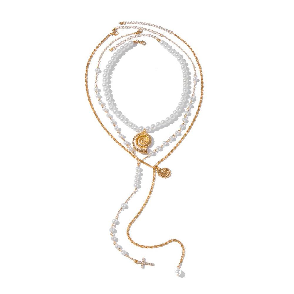 Imitation Pearl Starfish Pendant Necklace Boho Style Conch Pendant Necklace  Stackable Chain