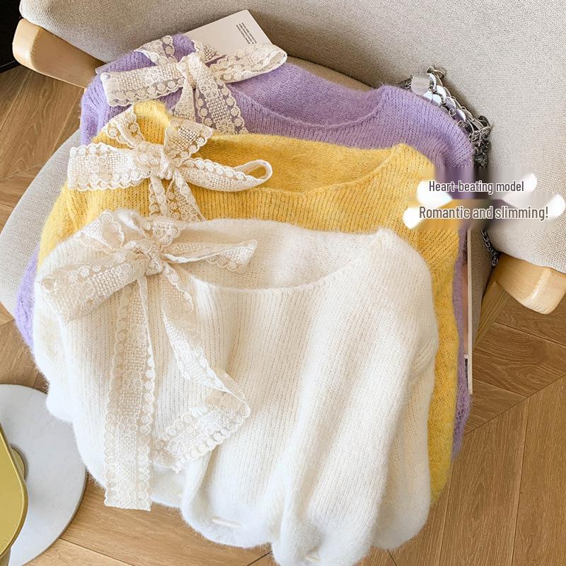 2025 Soft Purple Lace Bow Tie Knit Pullover for Spring & Autumn