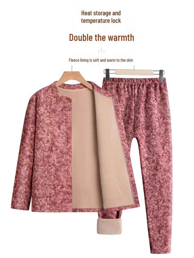 Fleece-Lined Warm Underwear Set for Middle-Aged and Elderly Women - Autumn/Winter Style