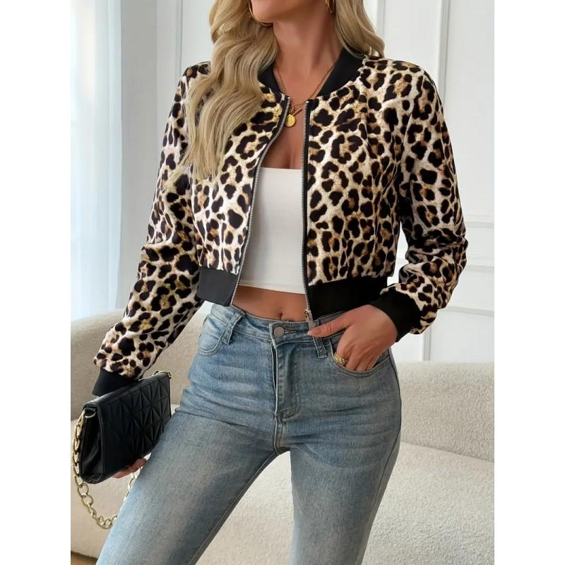 Womens Leopard Print Short Zip-Up Jacket
