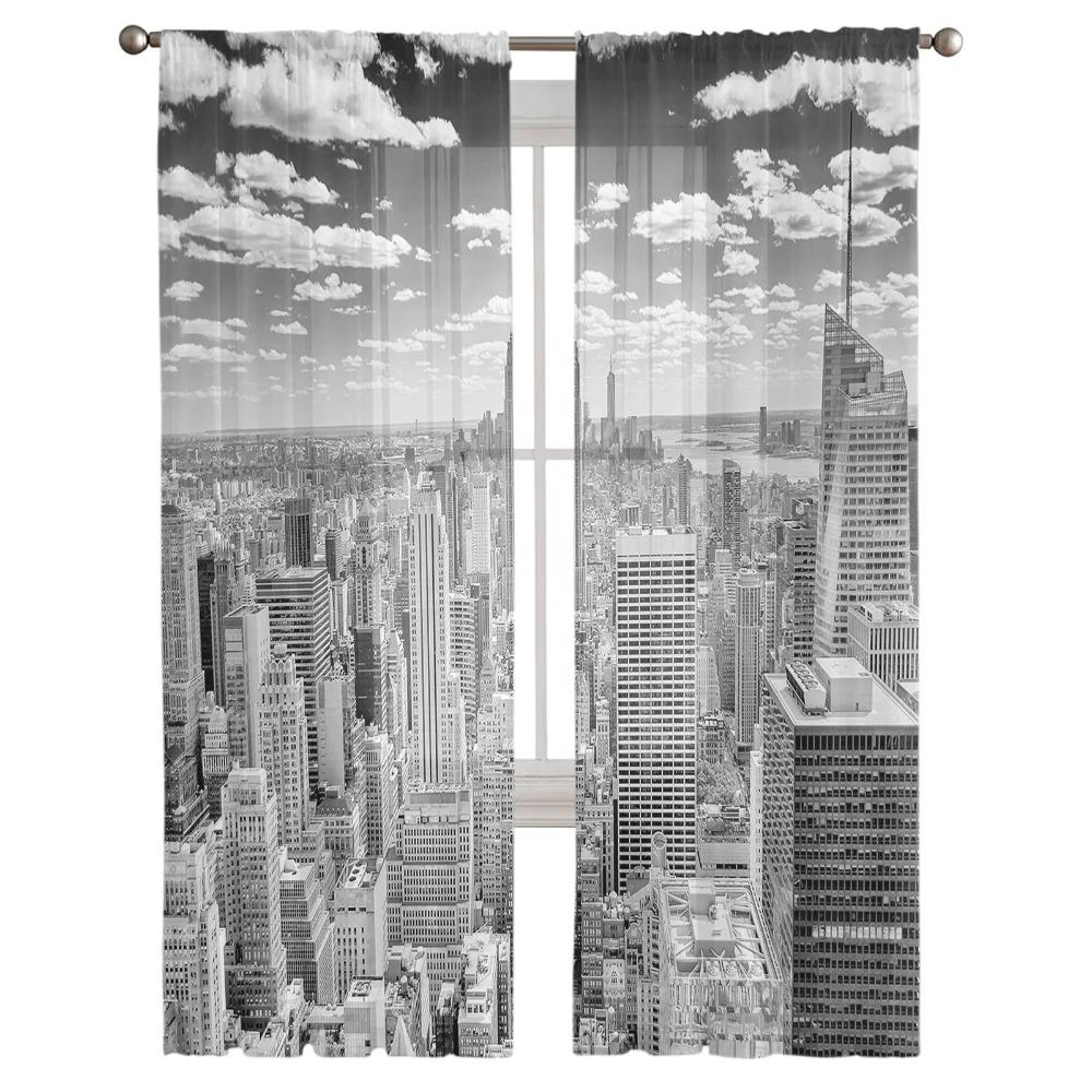 Grey New York City Sheer Voile Curtains Window Treatment for Kitchen Living Room Bedroom Decoration Modern Tulle Curtains