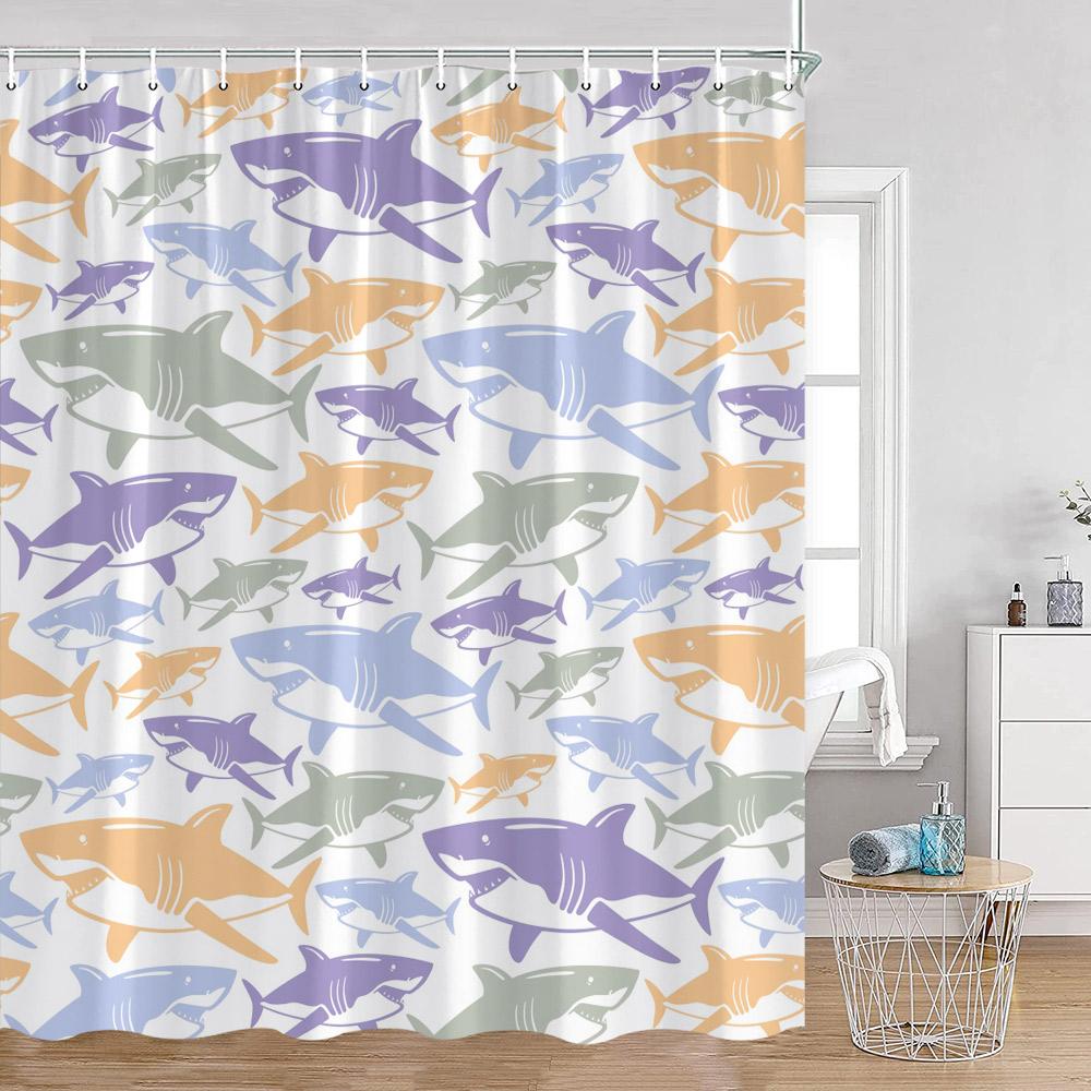 Ocean Animals Nautical Cartoon Shower Curtains Tropical Fishes Sharks Shell Sea Turtle Bathroom Decorations Kids Bath Curtain Wi