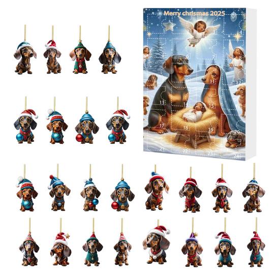 Christmas Dachshund Advent Calendar 2025 Xmas Countdown Calendar 2D Cartoon Dachshund Hanging Decorations Happy New Year Gift for Kids
