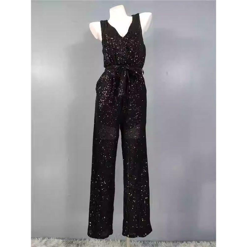 

Заказ внешней торговли Европейская и американская мода Сексуальные пайетки V-образный вырез Без рукавов Универсальный Приталенный Облегающий Элегантный Комбинезон Социалитки Пояс Black L/G