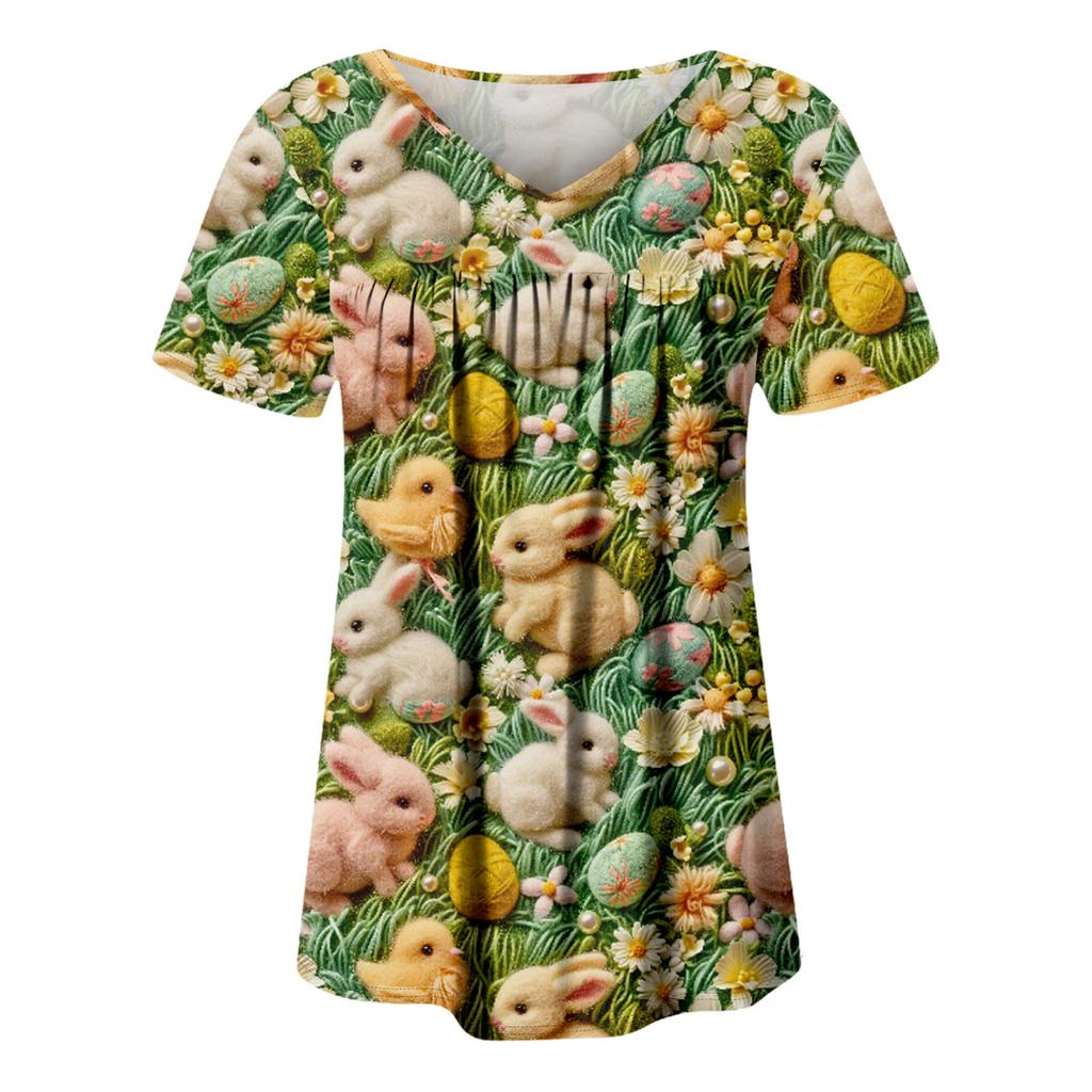 Ladies' Casual V-neck Short Sleeved Shirt With Pleated Easter Print On The Chest