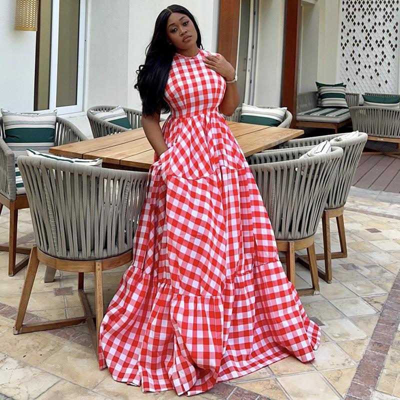 European and American women's clothing spring new fashion fresh plaid slim high waist sleeveless long dress dress