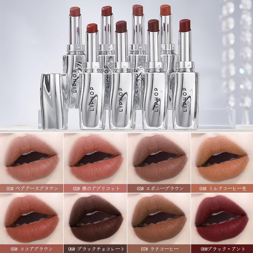Aopoka Matte Color Lip Rotating 8 Highly Black Chocolate Lipstick, Stay, Long-Lasting, Transfer-Resistant Tint, Lipstick, Colors, Portable, Pigmented,