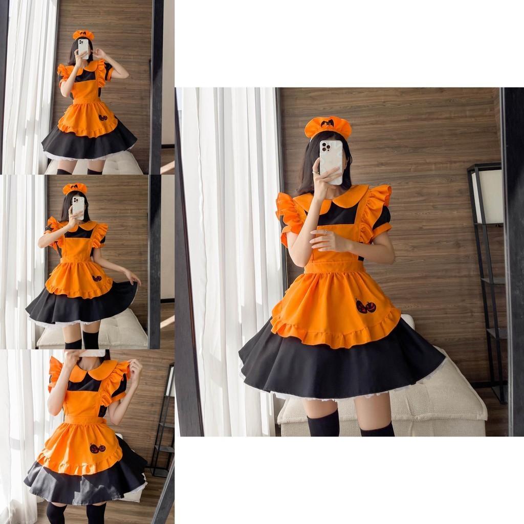 Süßes Lolita Kürbis Dienstmädchen Halloween Party Kostümkleid mit Kopfschmuck