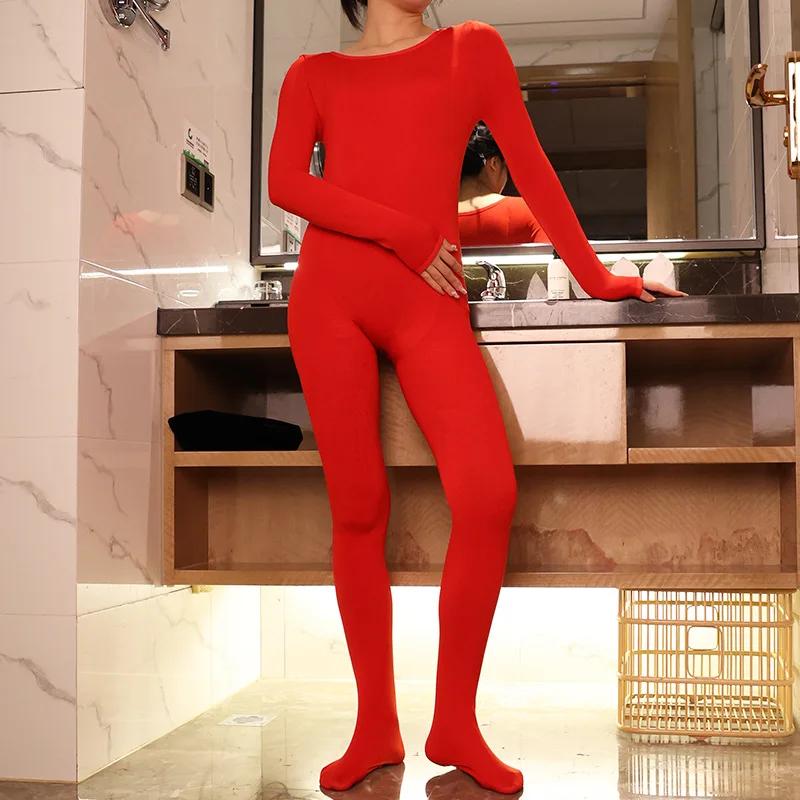 Women Full Body Jumpsuit Back Take Off Thick Thermal Underwear Tights Winter Warm Pantyhose High Elastic Leggings Bodystockings