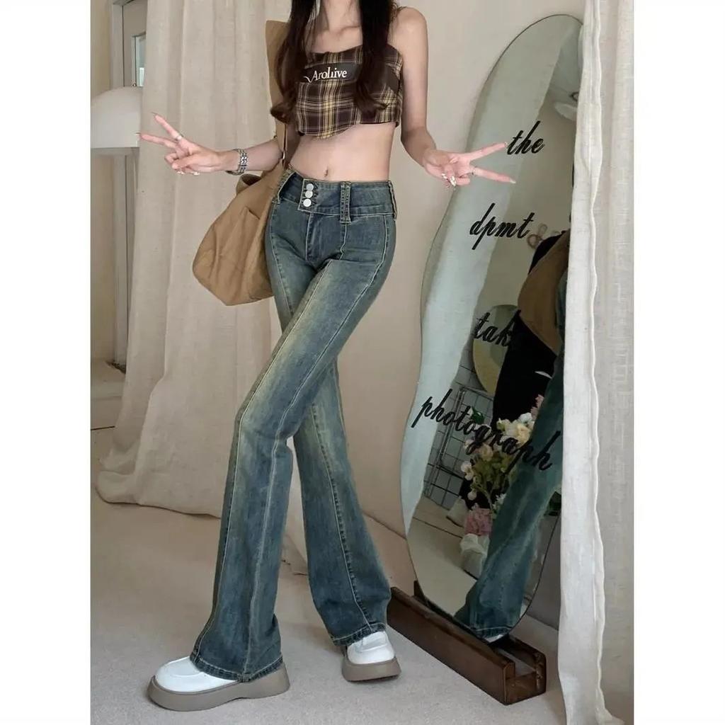 Women's High Waist Flare Jeans Slim Fit Trousers Vintage Washed No Stretch Casual Streetwear Denim Long Pants