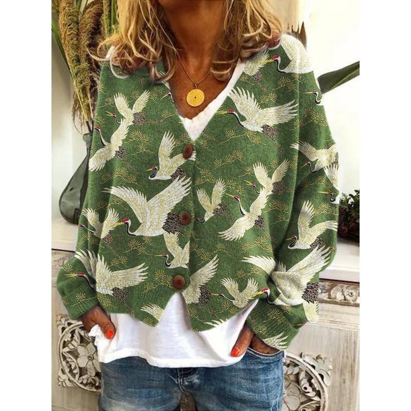 Womens Soft Knit Cardigan Sweater With 3D Print Design Loose Fit Casual Open Front Long Sleeve Pullover
