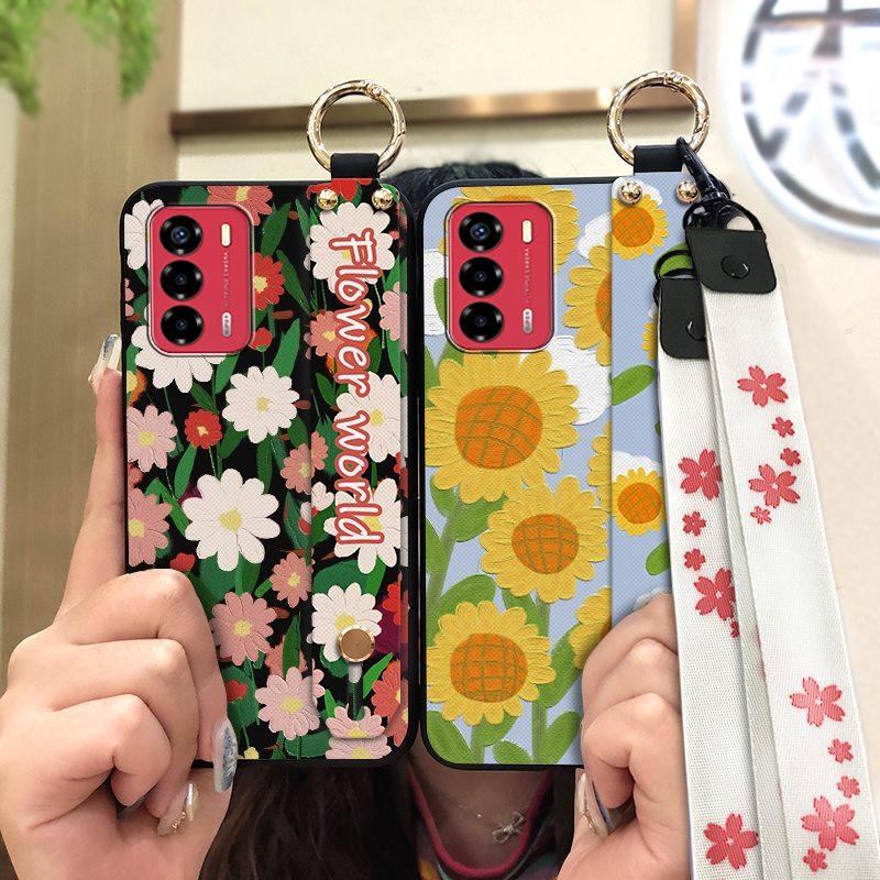 Durable Lanyard Phone Case For ZTE Blade V40 Vita/A72 Ring Anti-dust Fashion Design Silicone Kickstand Waterproof Flower