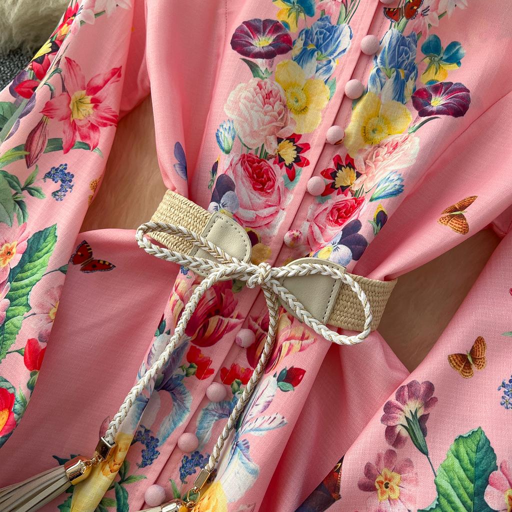 Spring Autumn Women Plus Size Print Single Breasted Long Maxi Seaside Holiday Beach Dresses with Belt