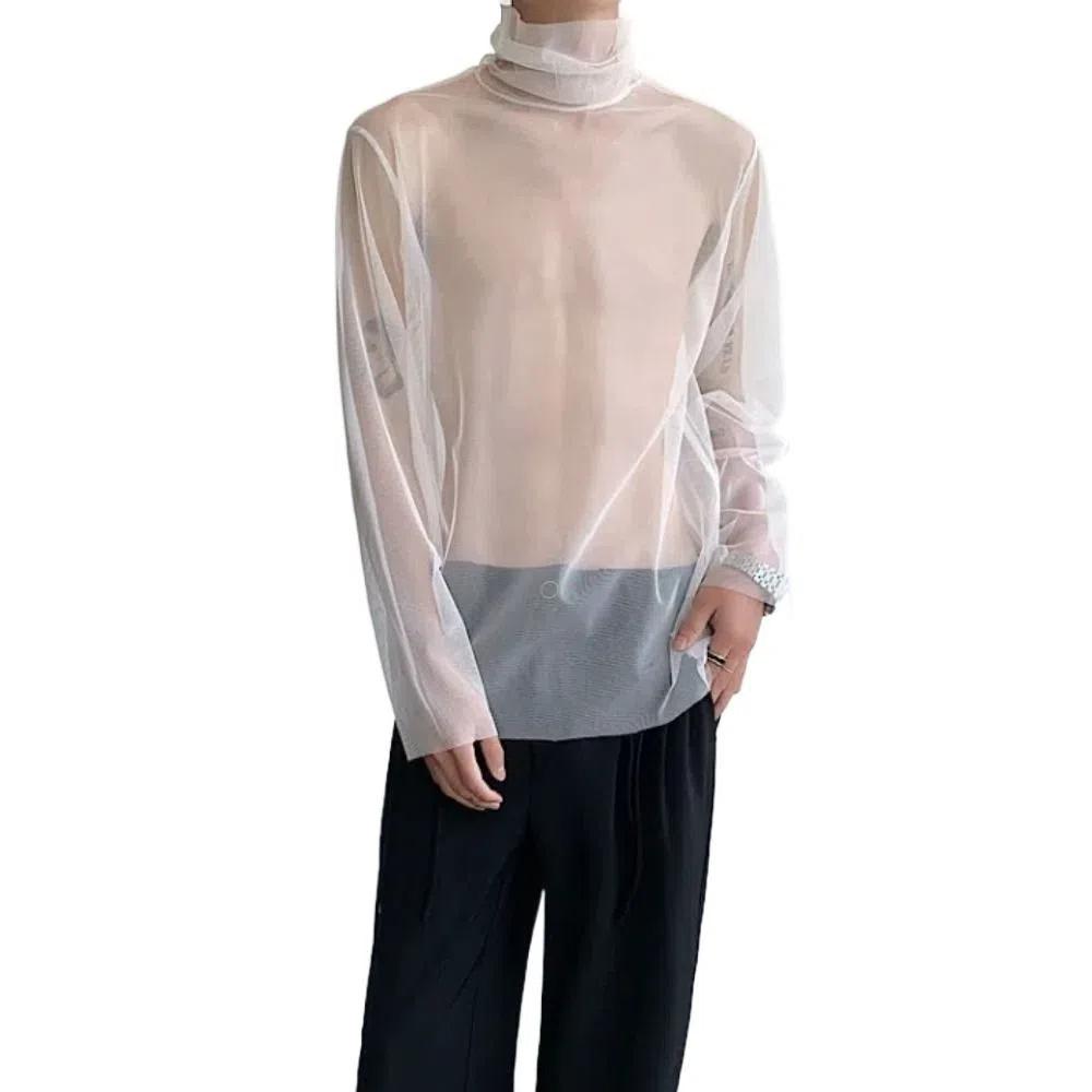 Streetwear Transparent T-shirt See-through Mesh Top Men Creative Long Sleeve T-shirt  Home