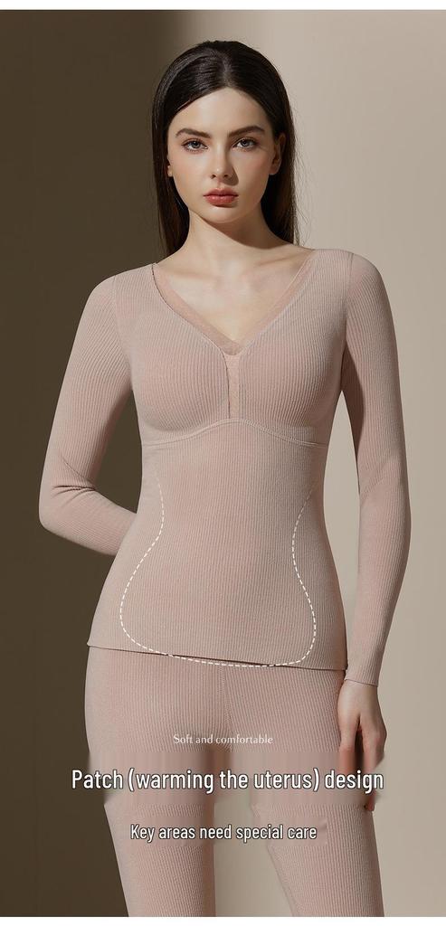 Thermal Wool & Silk Base Layer Set with Seamless Integrated Bra and Chest Pads for Autumn Warmth
