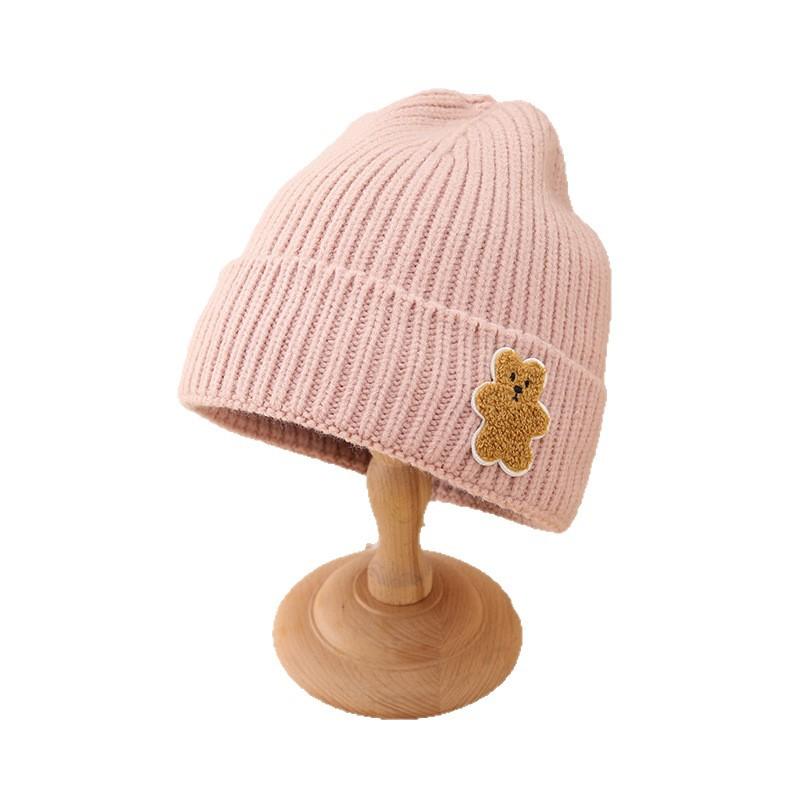 Niedliche Bären-Wollmützen im koreanischen Stil mit Etiketten für Herbst und Winter, plüschige und verdickte warme Strickmützen für Kinder und Kaltwetterhüte