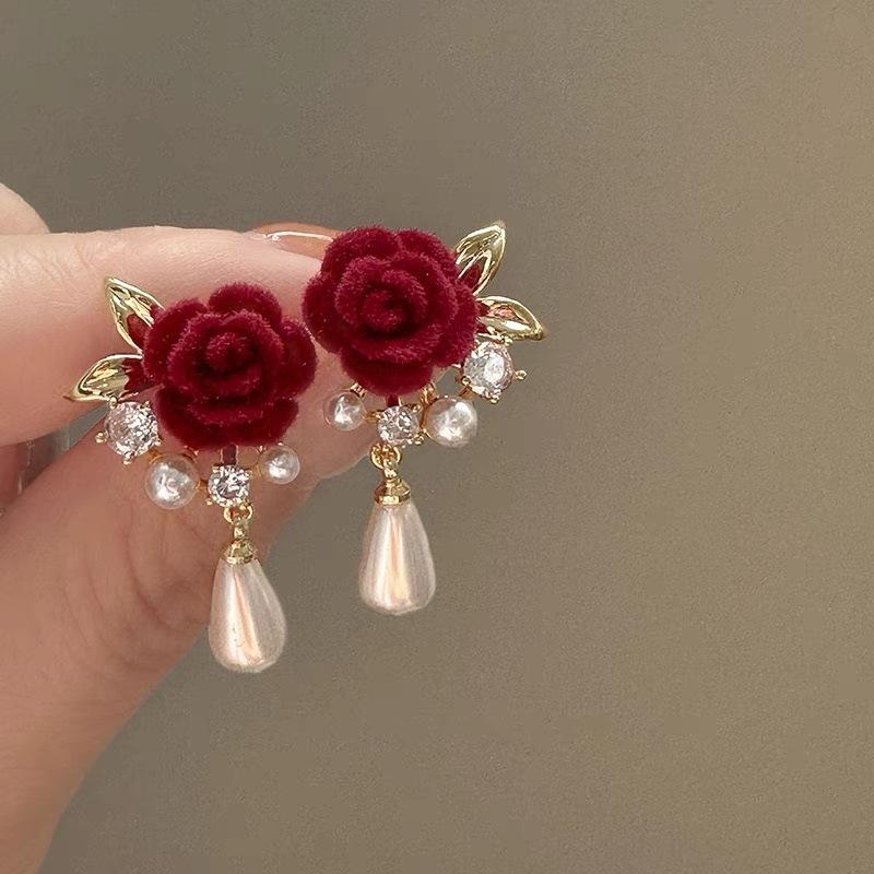 Red Rose Faux Pearl and Cubic Zirconia Earrings, Premium Vintage Stud Earrings… More