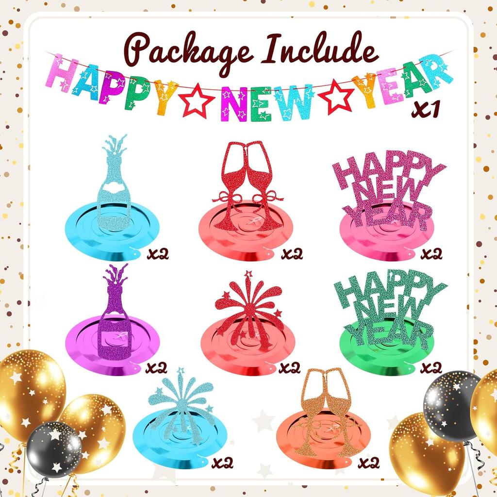 TaoBary 17 Pcs Happy New Year Banner and Hanging Swirl Streamer Glitter 2026 Eve Party Supplies Colorful New Years Decorations for Ceiling Wall
