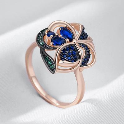 Flower Design Black Plated Craft Blue Green Zircon Rings Women Golden Rings Luxury Personality Jewelry Wearable Fashion Accessories