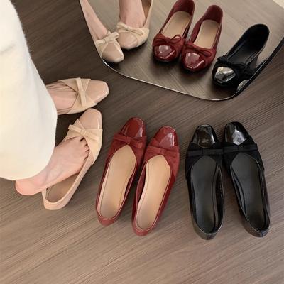 French Gentle Bow Thick Heel Single Shoes Women's Commuter Splicing Temperament Socialite Style Middle Heel Grandma Shoes