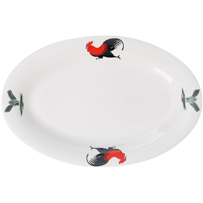 Ceramic Retro Rooster Oval Fish Serving Plate for Microwave & Hotel Use