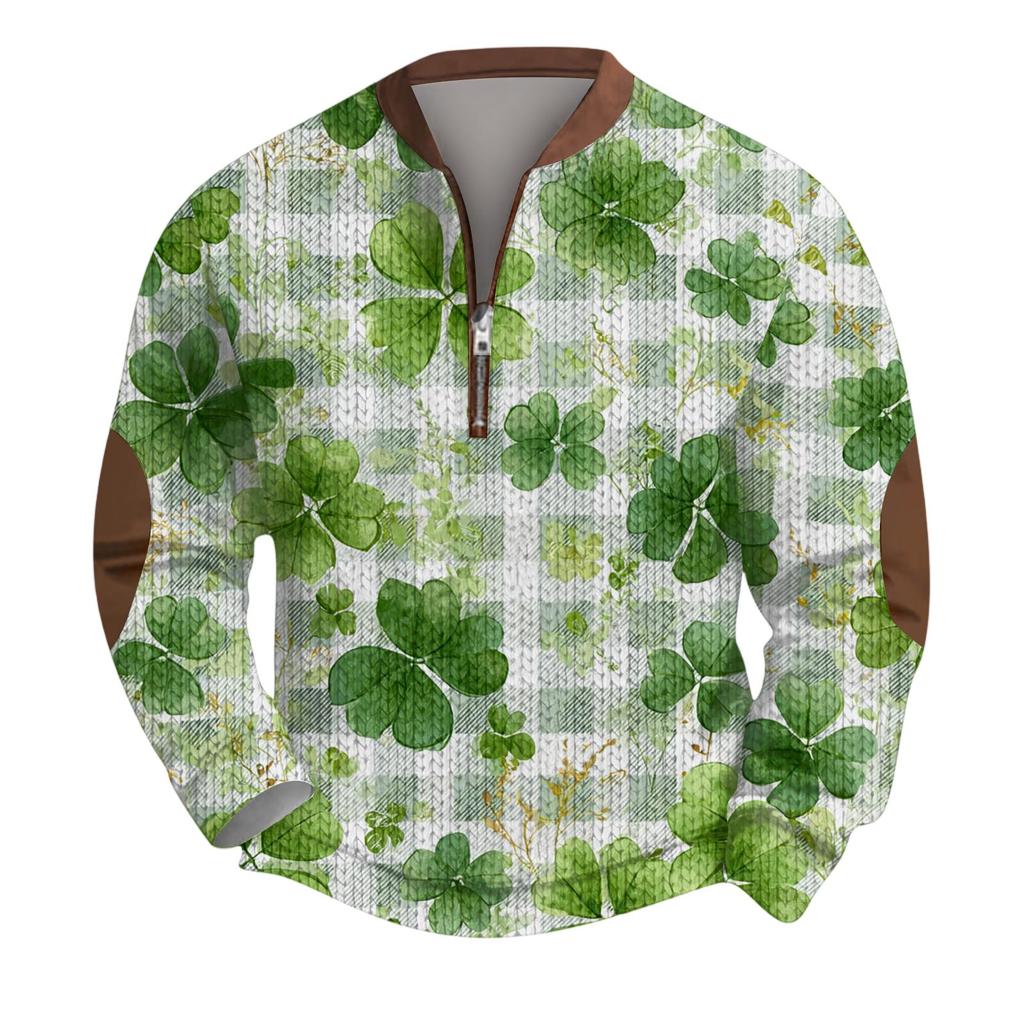 Mens Christmas Sweater Zip Up Sweatshirts Vintage Knit Graphic Sweatshirt St. Patrick's Day Stand Collar Pullover