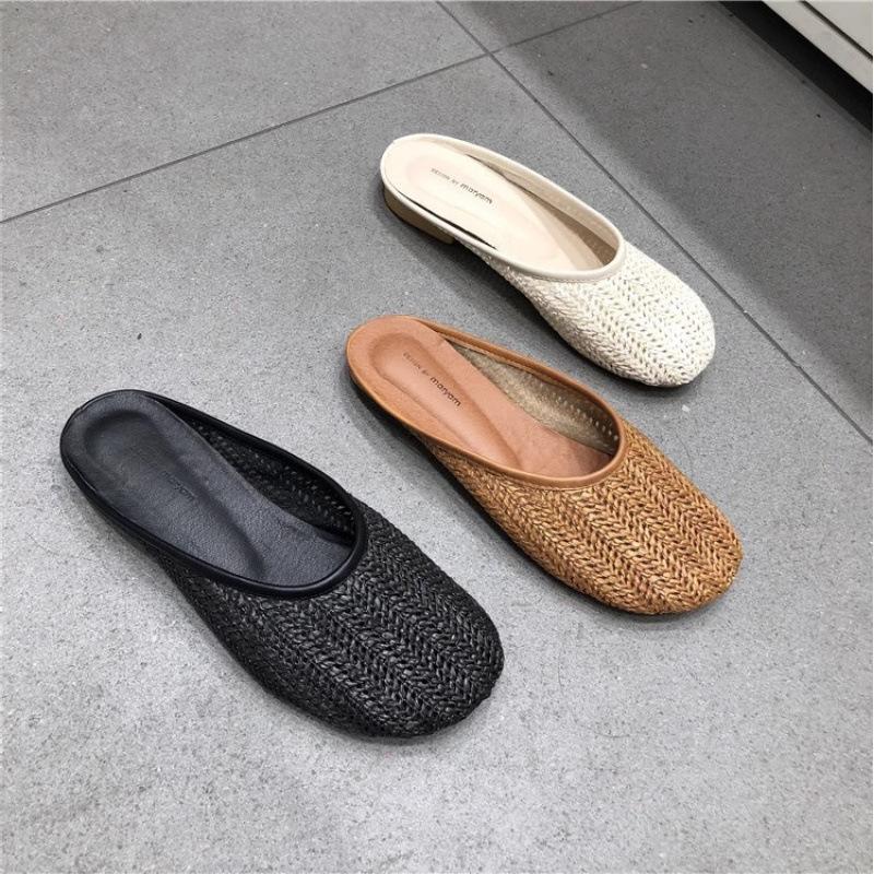 Breathable woven bag head cool slippers women's summer wear soft bottom 2025 small fragrant style advanced sense pig cage Muller slippers tide