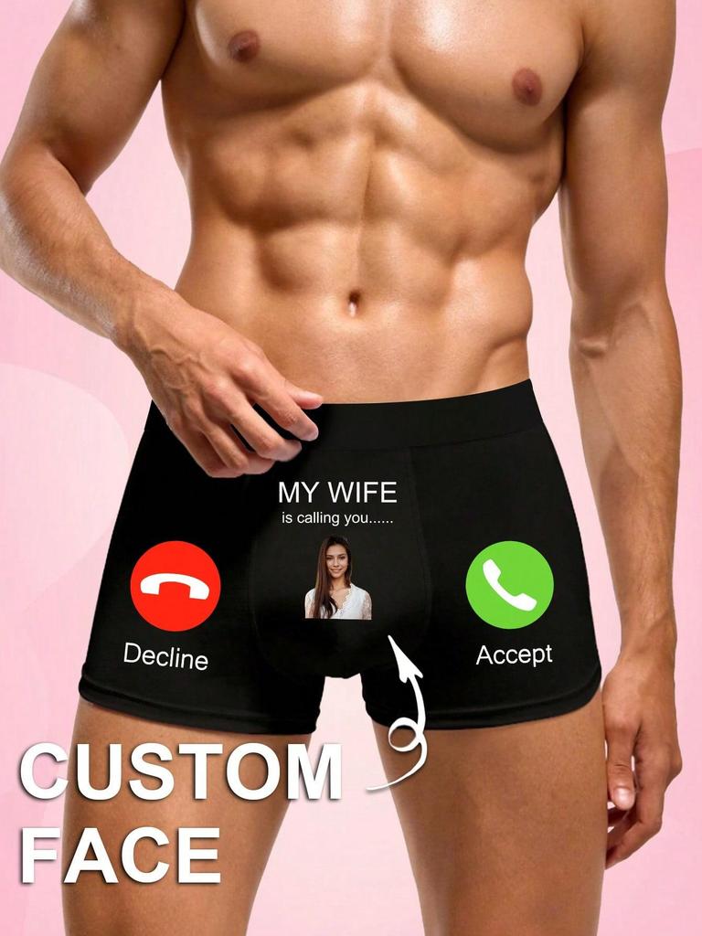 Men's Customized Photo My Wife Call You Pattern Boxer Briefs, Elastic Soft Comfortable Personalized Underwear, Ideal Gift for Boyfriend/Husband