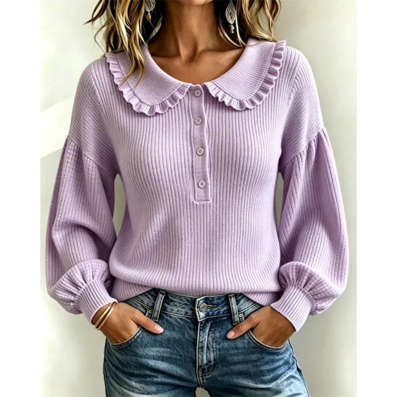 Women S Long Sleeve Pullover Ribbed Knit Top Round Neck Ruffled Trim Fall Winter