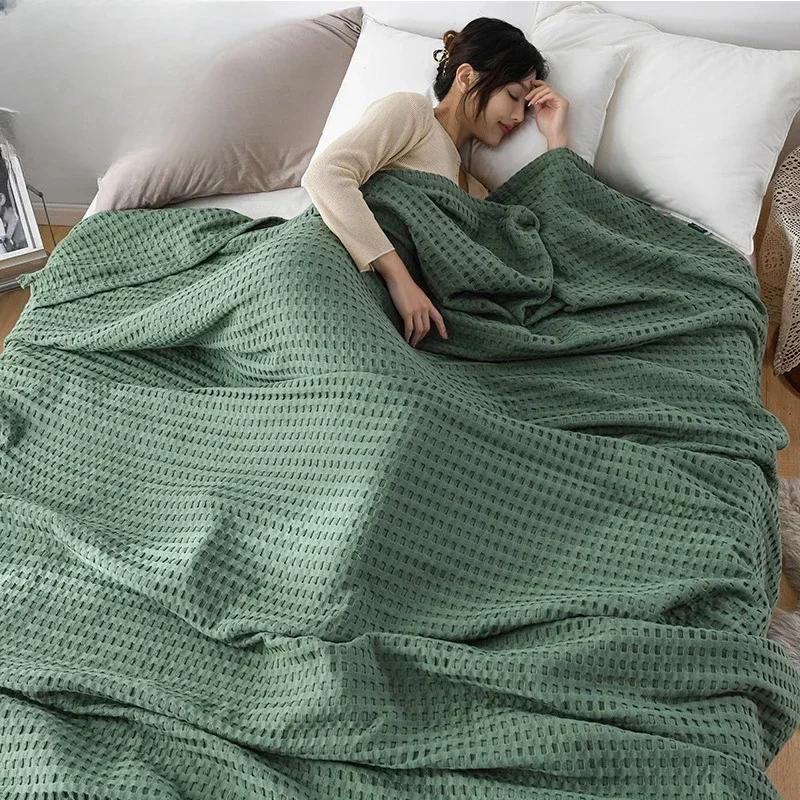 2024 Summer Waffle Plaid Cotton Bed Blanket Throw Thin Quilt Knitted Bedspread Home Hotel Coverlets Green Pink Throw Blankets
